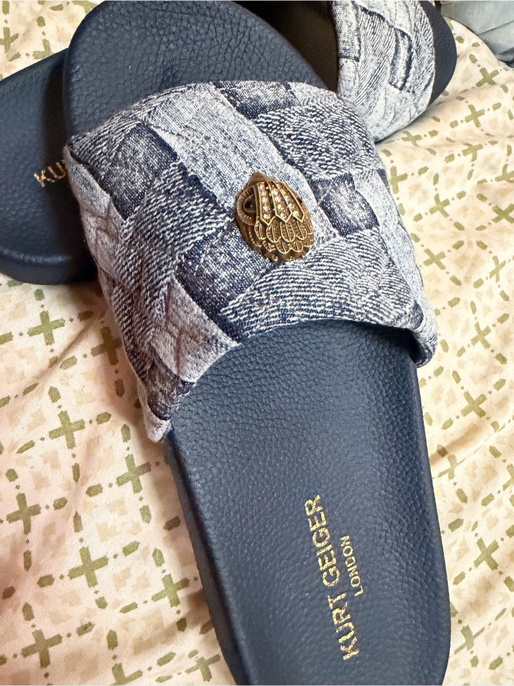 Kurt Geiger Denim-Weave Navy Slide Sandals with Gold Emblem